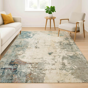 HomeRoots 9' X 12' Ivory and Teal Abstract Area Rug – Washable, UV Protected, Durable for Family Spaces 714870