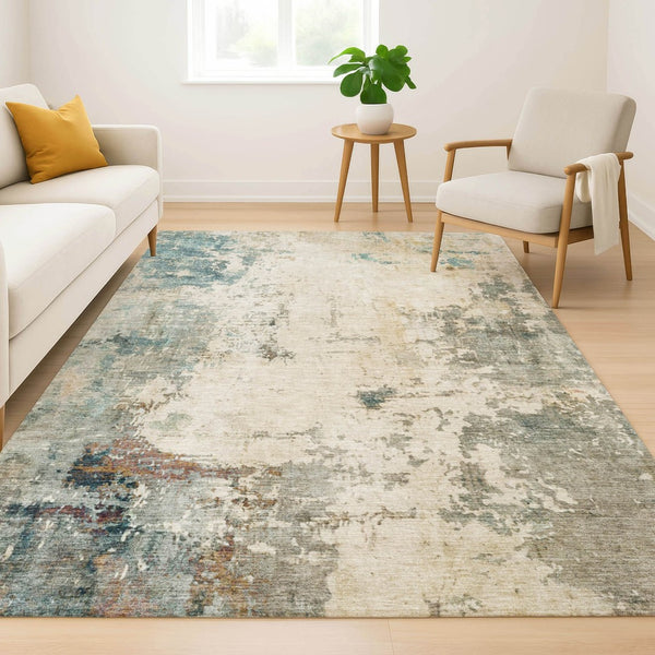 HomeRoots 9' X 12' Ivory and Teal Abstract Area Rug – Washable, UV Protected, Durable for Family Spaces 714870