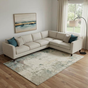 HomeRoots 10' X 14' Abstract Ivory and Teal Washable Area Rug - UV Protected, Modern Design for Busy Homes 714871