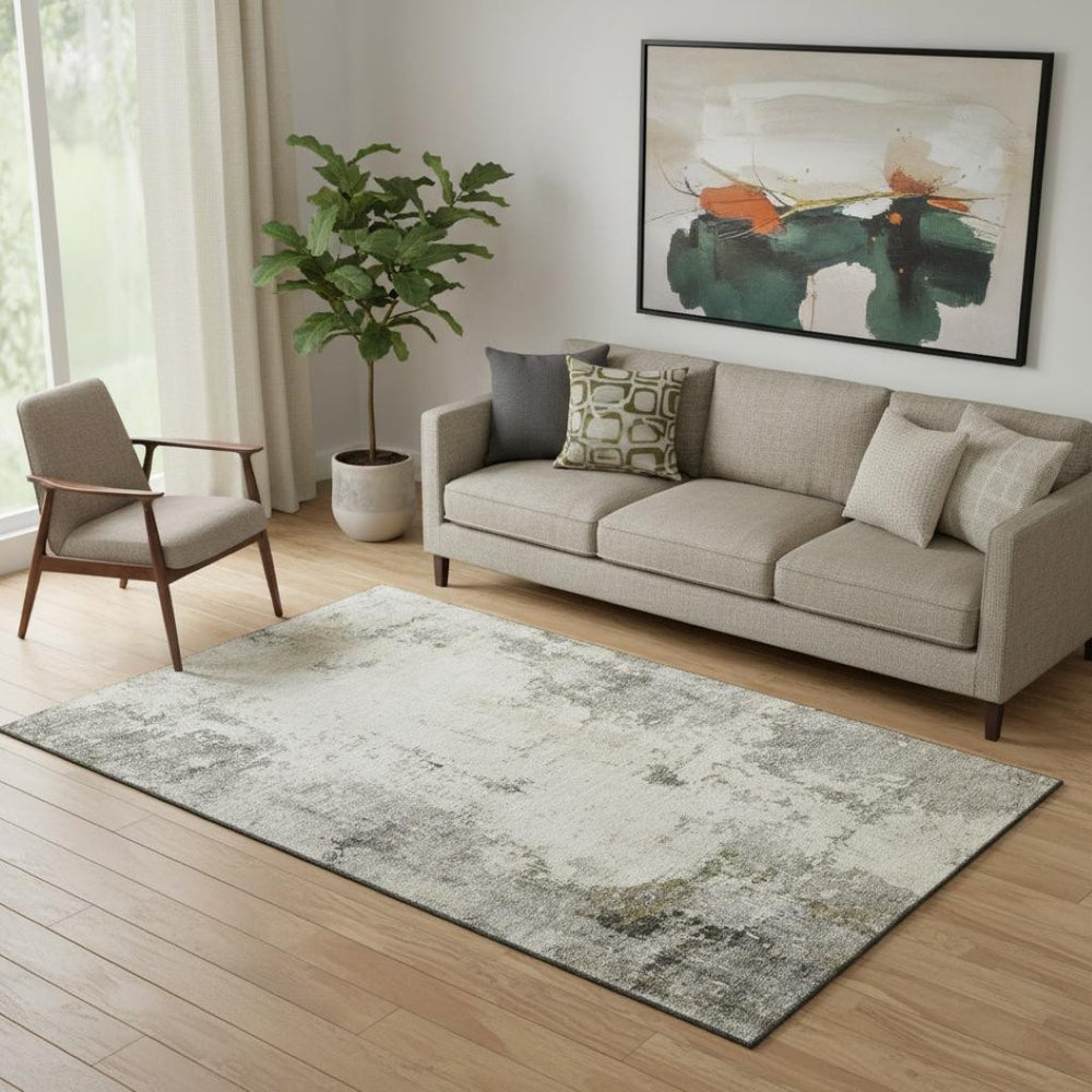 HomeRoots 8' Modern Abstract Washable Round Rug in Pewter & Ivory - Durable, UV-Protected & Easy-Care Design 714874