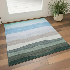HomeRoots 5' X 8' Striped Washable Area Rug in Green and Blue – Durable, UV-Protected, Perfect for Families! 714879