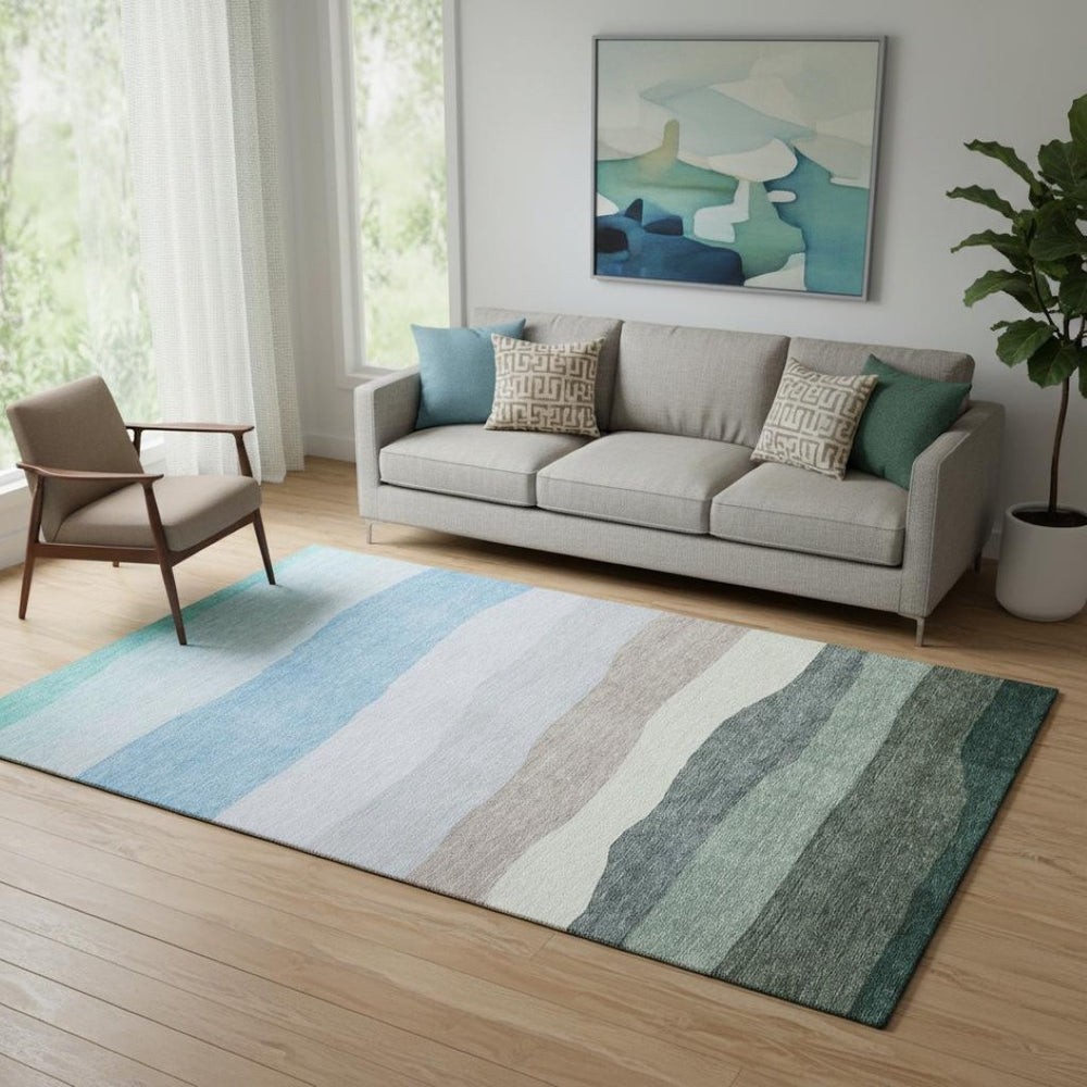HomeRoots 8' Green And Blue Striped Washable Round Rug – Durable, UV-Protected, Non-Slip & Easy to Clean! 714880