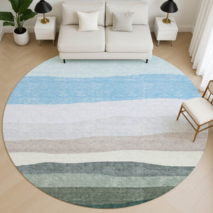 HomeRoots 8' X 10' Green and Blue Striped Washable Area Rug - Durable, UV-Protected, Perfect for Busy Homes! 714881