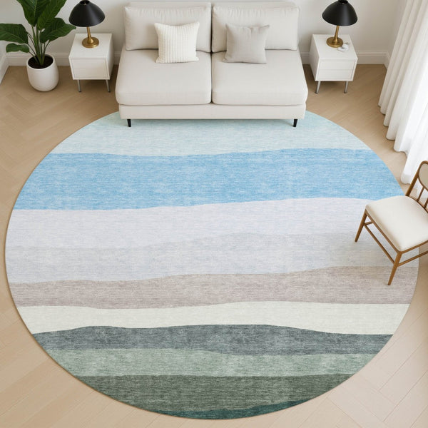 HomeRoots 8' X 10' Green and Blue Striped Washable Area Rug - Durable, UV-Protected, Perfect for Busy Homes! 714881