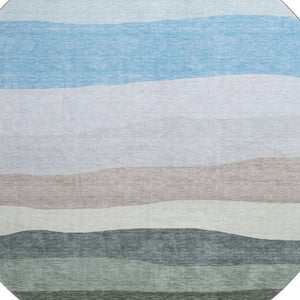 HomeRoots 8' X 10' Green and Blue Striped Washable Area Rug - Durable, UV-Protected, Perfect for Busy Homes! 714881