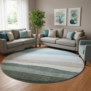 HomeRoots 8' X 10' Green and Blue Striped Washable Area Rug - Durable, UV-Protected, Perfect for Busy Homes! 714881