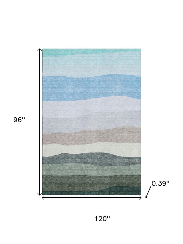 HomeRoots 9' X 12' Striped Washable Area Rug in Green & Blue - UV Protection, Stain Resistant, Pet Friendly! 714882