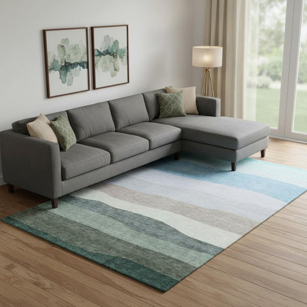 HomeRoots 9' X 12' Striped Washable Area Rug in Green & Blue - UV Protection, Stain Resistant, Pet Friendly! 714882