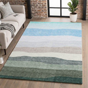 HomeRoots 10' Green and Blue Striped Area Rug - Washable, UV Protected, and Perfect for High-Traffic Spaces! 714883