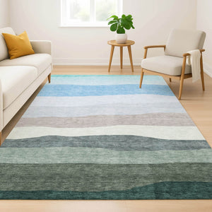 HomeRoots 10' Green and Blue Striped Area Rug - Washable, UV Protected, and Perfect for High-Traffic Spaces! 714883