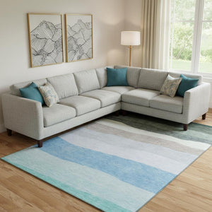 HomeRoots 10' Green and Blue Striped Area Rug - Washable, UV Protected, and Perfect for High-Traffic Spaces! 714883