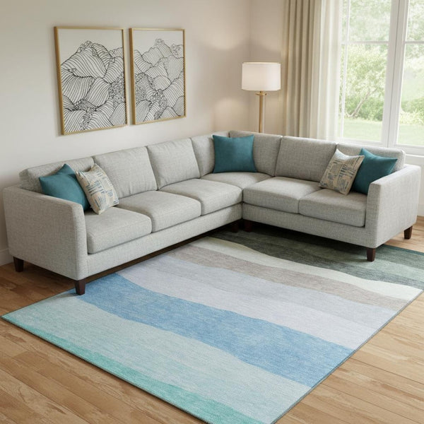 HomeRoots 10' Green and Blue Striped Area Rug - Washable, UV Protected, and Perfect for High-Traffic Spaces! 714883