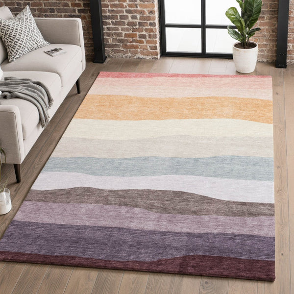 HomeRoots 8' Orange And Ivory Striped Washable Round Rug - UV Protected, Durable, Perfect for Homes with Kids & Pets 714886
