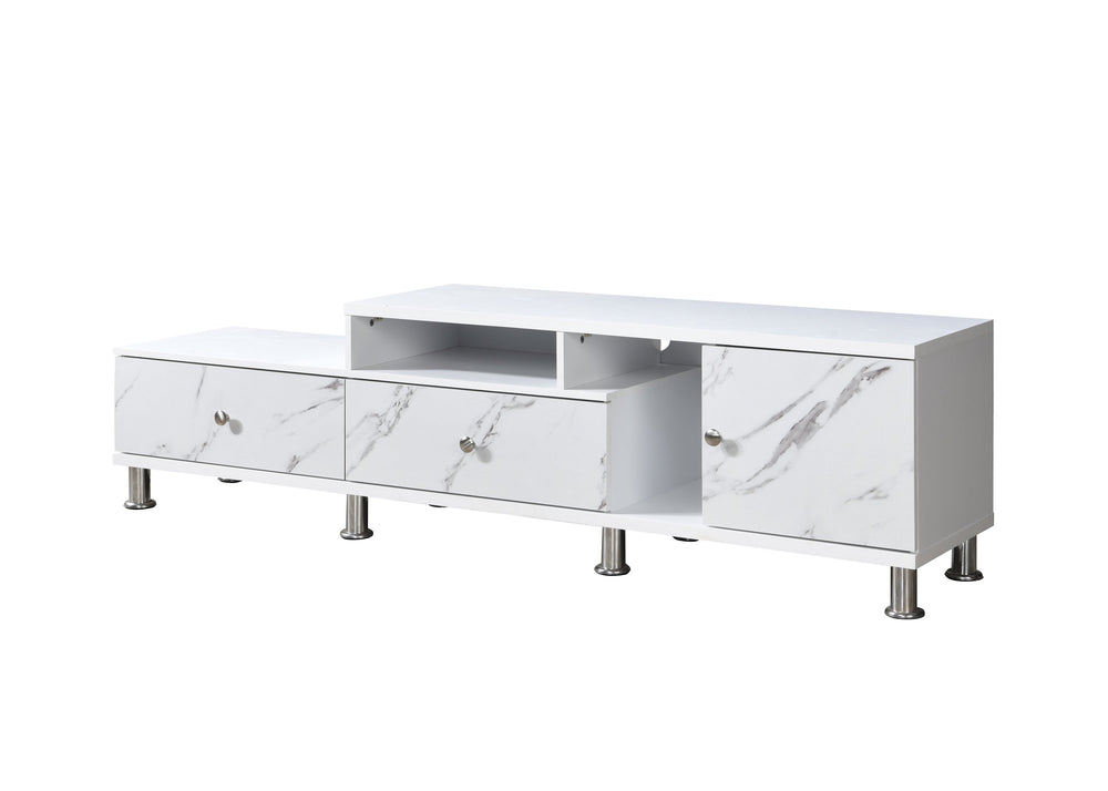 English Elm 1pc Timeless Entertainment Console with Faux Marble Top, Antique Two-Tone Finish, Sliding Doors and Drawers White 18.11 L x 73.43 W x 19.09 H B2741P295128