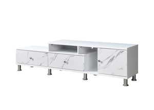 English Elm 1pc Timeless Entertainment Console with Faux Marble Top, Antique Two-Tone Finish, Sliding Doors and Drawers White 18.11 L x 73.43 W x 19.09 H B2741P295128