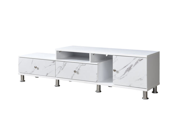 English Elm 1pc Timeless Entertainment Console with Faux Marble Top, Antique Two-Tone Finish, Sliding Doors and Drawers White 18.11 L x 73.43 W x 19.09 H B2741P295128