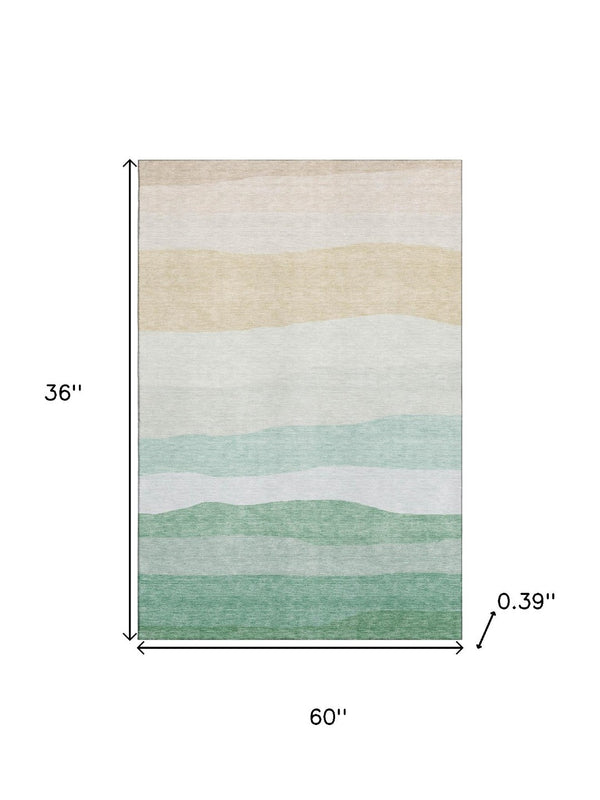 HomeRoots 5' X 8' Teal and Green Striped Area Rug - Durable, Washable, UV-Protected for High Traffic Spaces! 714897