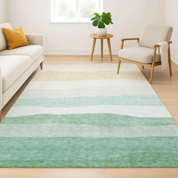 HomeRoots 5' X 8' Teal and Green Striped Area Rug - Durable, Washable, UV-Protected for High Traffic Spaces! 714897