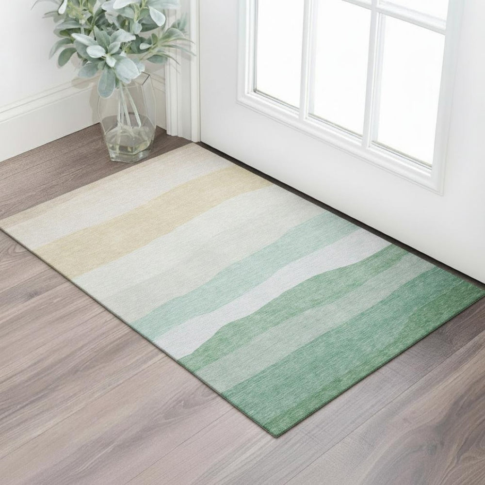 HomeRoots 5' X 8' Teal and Green Striped Area Rug - Durable, Washable, UV-Protected for High Traffic Spaces! 714897