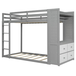 English Elm Twin Bunk Bed with Storage Drawers Hanging Rail Led Shelves and Pegboard Organizer Gray LT000282AAE