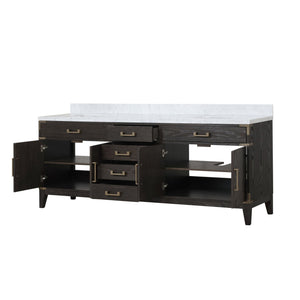 English Elm Brown Oak Double Bath Vanity With Carrara Marble Top - Elegant Storage, Soft-Close, 84" Wide Design B2731P259957