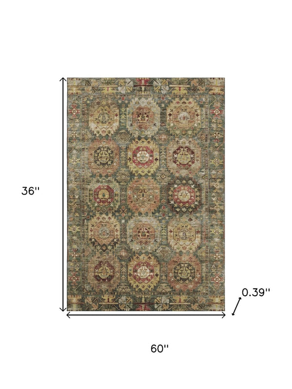 HomeRoots 5' X 8' Sage Medallion Area Rug - Washable, UV Protected, Elegant Design for Active Households 714909
