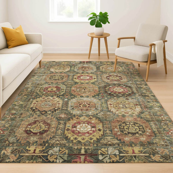 HomeRoots 5' X 8' Sage Medallion Area Rug - Washable, UV Protected, Elegant Design for Active Households 714909