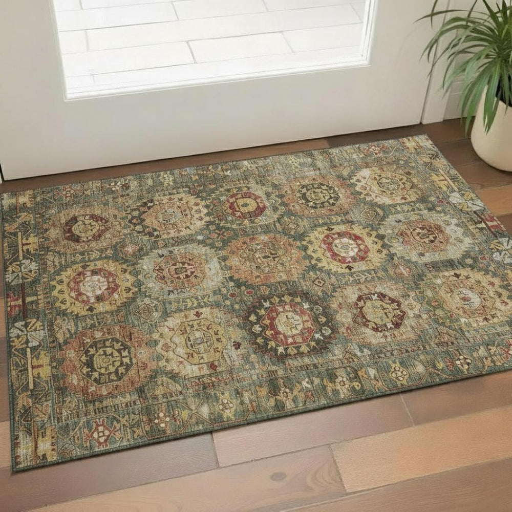 HomeRoots 5' X 8' Sage Medallion Area Rug - Washable, UV Protected, Elegant Design for Active Households 714909