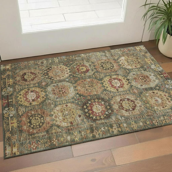 HomeRoots 5' X 8' Sage Medallion Area Rug - Washable, UV Protected, Elegant Design for Active Households 714909