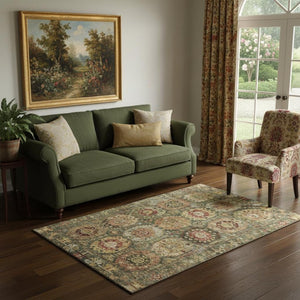 HomeRoots 8' Sage and Copper Medallion Round Rug - Durable, Washable, UV-Protected for Stylish Family Living 714910