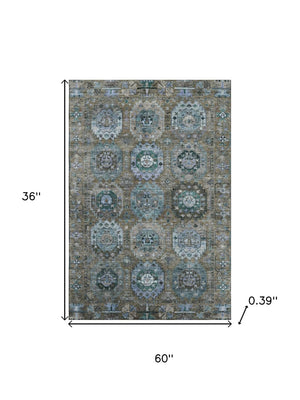 HomeRoots 5' X 8' Brown and Blue Medallion Area Rug - Washable, UV-Protected, Stain-Resistant, Non-Slip! 714915