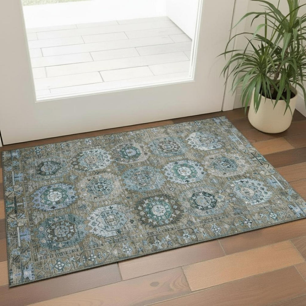 HomeRoots 5' X 8' Brown and Blue Medallion Area Rug - Washable, UV-Protected, Stain-Resistant, Non-Slip! 714915
