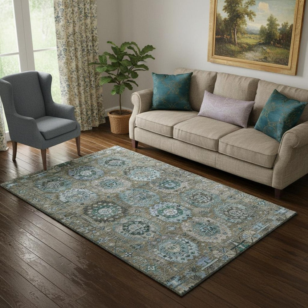 HomeRoots 8' Brown and Blue Medallion Rug - Washable, Stain Resistant, UV Protected for Busy Homes & Pets 714916