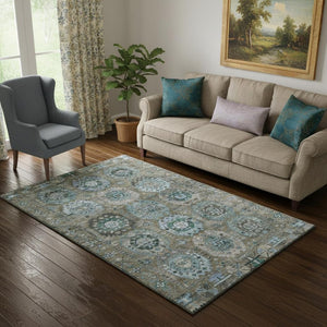 HomeRoots 8' Brown and Blue Medallion Rug - Washable, Stain Resistant, UV Protected for Busy Homes & Pets 714916