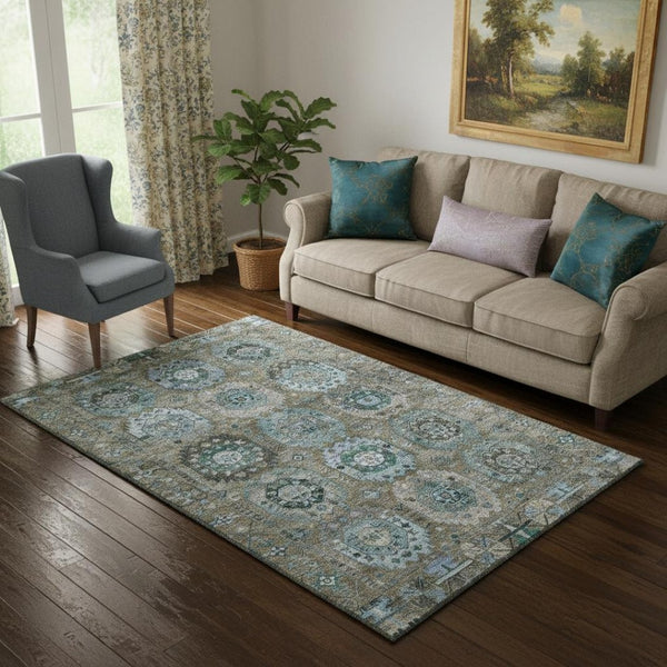 HomeRoots 8' Brown and Blue Medallion Rug - Washable, Stain Resistant, UV Protected for Busy Homes & Pets 714916