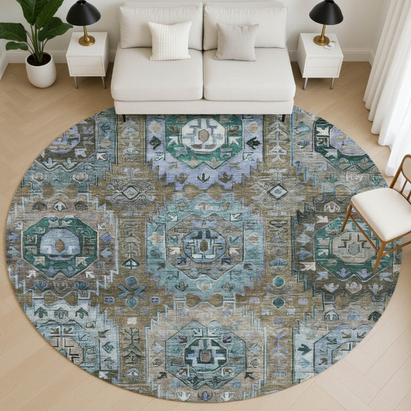 HomeRoots 8' X 10' Brown And Blue Medallion Area Rug - Washable, UV Protected, Stylish Comfort for Homes 714917