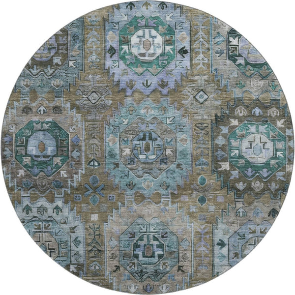 HomeRoots 8' X 10' Brown And Blue Medallion Area Rug - Washable, UV Protected, Stylish Comfort for Homes 714917