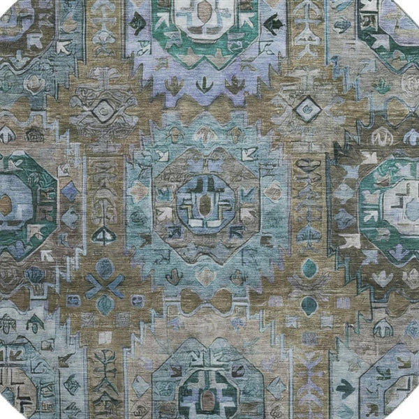 HomeRoots 8' X 10' Brown And Blue Medallion Area Rug - Washable, UV Protected, Stylish Comfort for Homes 714917