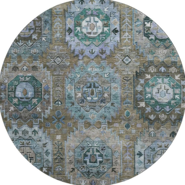 HomeRoots 8' X 10' Brown And Blue Medallion Area Rug - Washable, UV Protected, Stylish Comfort for Homes 714917