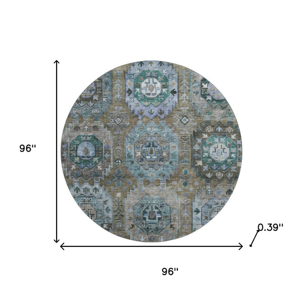 HomeRoots 8' X 10' Brown And Blue Medallion Area Rug - Washable, UV Protected, Stylish Comfort for Homes 714917