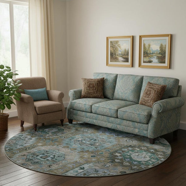 HomeRoots 8' X 10' Brown And Blue Medallion Area Rug - Washable, UV Protected, Stylish Comfort for Homes 714917