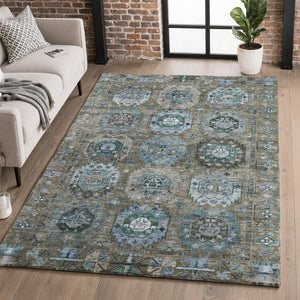 HomeRoots 9' X 12' Washable Brown and Blue Medallion Area Rug with UV Protection for Homes with Kids & Pets 714918
