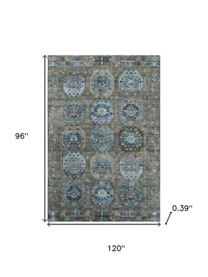 HomeRoots 9' X 12' Washable Brown and Blue Medallion Area Rug with UV Protection for Homes with Kids & Pets 714918