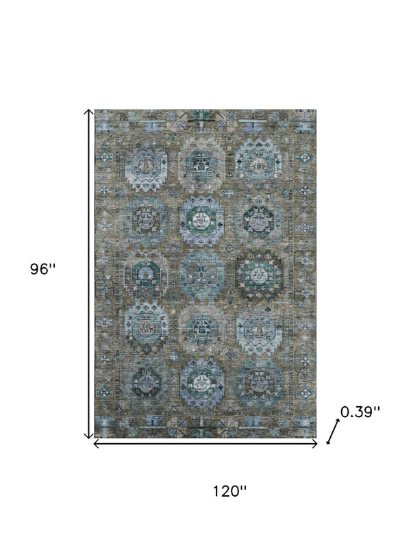 HomeRoots 9' X 12' Washable Brown and Blue Medallion Area Rug with UV Protection for Homes with Kids & Pets 714918