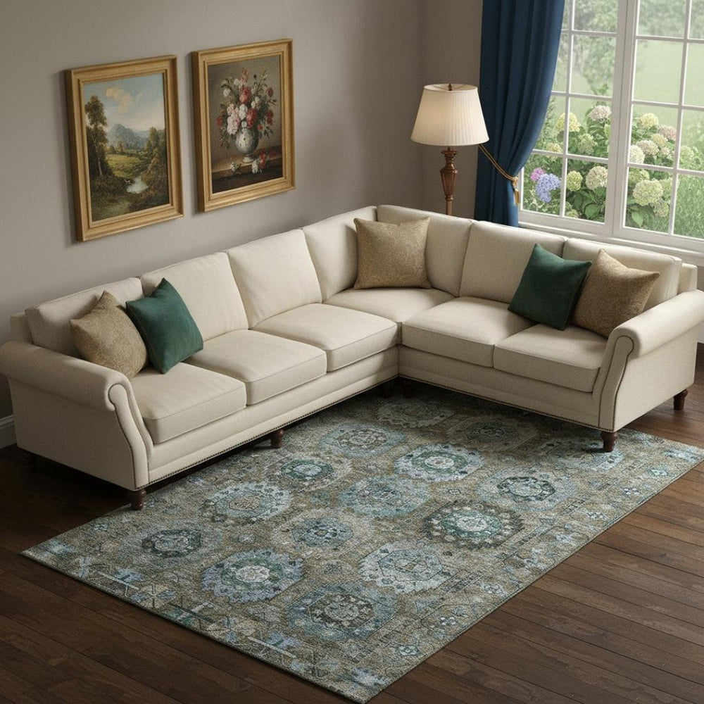 HomeRoots 9' X 12' Washable Brown and Blue Medallion Area Rug with UV Protection for Homes with Kids & Pets 714918