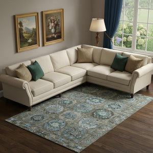 HomeRoots 9' X 12' Washable Brown and Blue Medallion Area Rug with UV Protection for Homes with Kids & Pets 714918