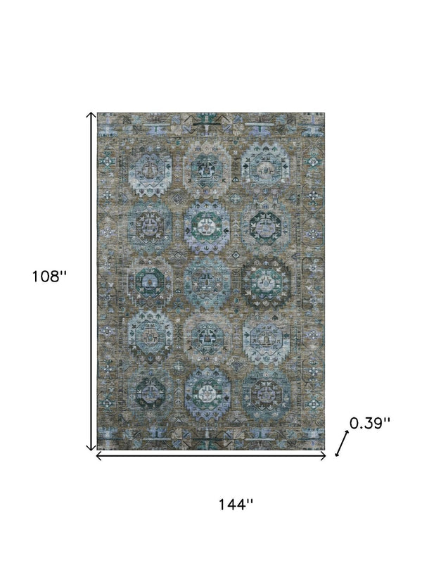 HomeRoots 10' X 14' Brown and Blue Medallion Washable Area Rug - UV Protected, Stain-Resistant Design for Family Life 714919