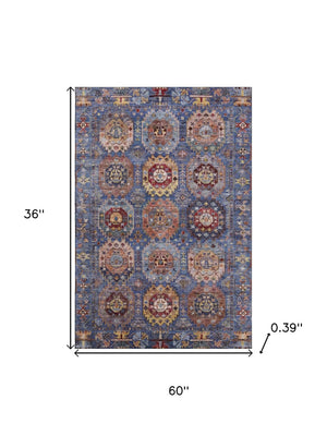 HomeRoots 5' X 8' Denim Blue & Merlot Medallion Area Rug - Washable, Stain Resistant with UV Protection! 714921