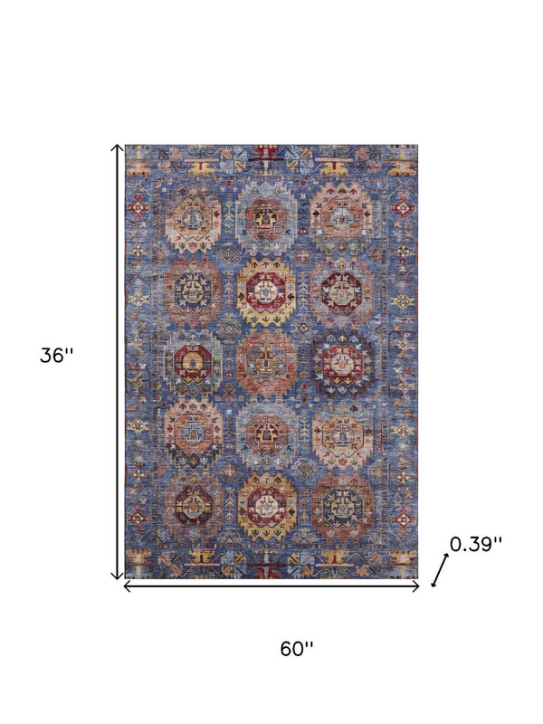 HomeRoots 5' X 8' Denim Blue & Merlot Medallion Area Rug - Washable, Stain Resistant with UV Protection! 714921