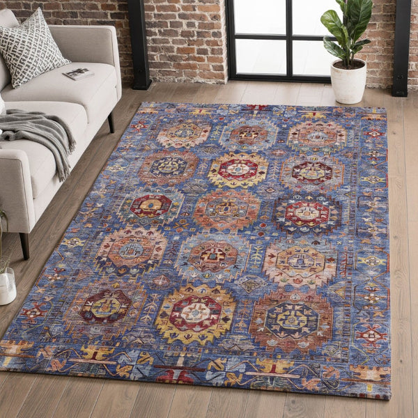 HomeRoots 8' Denim Blue & Merlot Medallion Washable Round Rug - UV Protected, Stain-Resistant, Non-Slip Design 714922